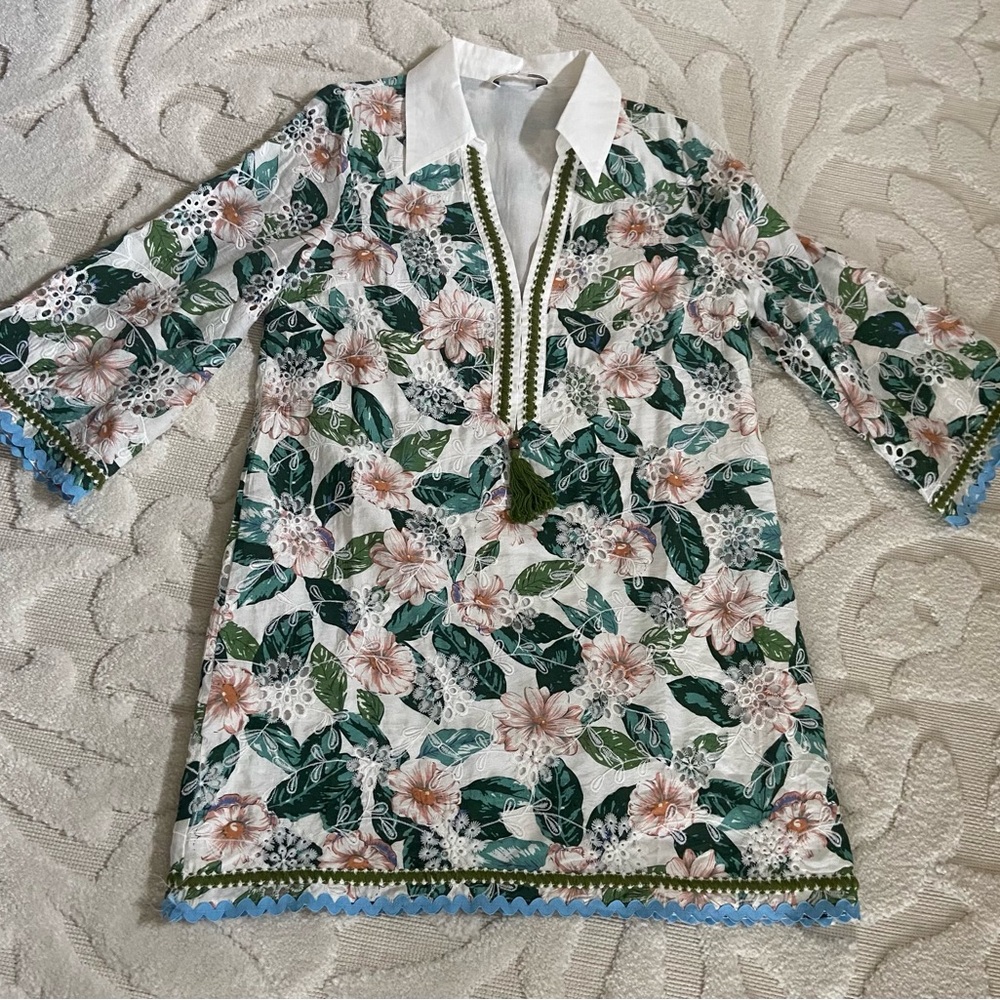 English Factory Green and Pink Bell Sleeve Sheath Dress
